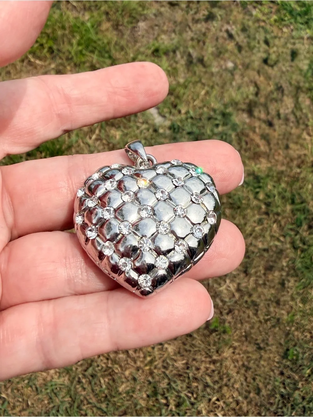 Chunky Silver Plated Heart Quilted Pendant Necklace with Crystal Accents